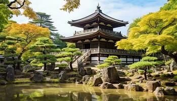 ai generado antiguo pagoda soportes alto en japonés otoño paisaje, generado por ai foto