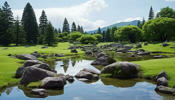 AI generated Tranquil scene of green meadow, mountain, and pond, generated by AI photo