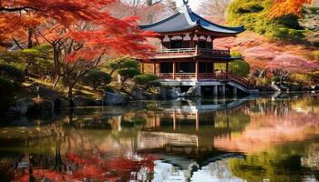 ai generado otoño reflexión en tranquilo estanque, japonés arce belleza, generado por ai foto