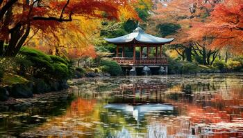 AI generated Autumn leaves reflect on tranquil pond in Japanese garden, generated by AI photo