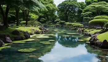 AI generated Green leaves reflect in tranquil pond, nature's beauty, generated by AI photo