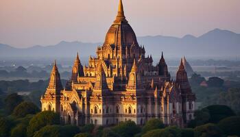 AI generated Ancient pagoda at dusk, spirituality illuminates history, generated by AI photo