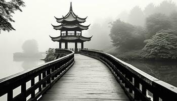 AI generated Ancient pagoda reflects tranquility in Beijing's foggy landscape, generated by AI photo
