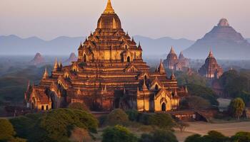 ai generado majestuoso pagoda a oscuridad, espiritualidad en antiguo arquitectura, generado por ai foto