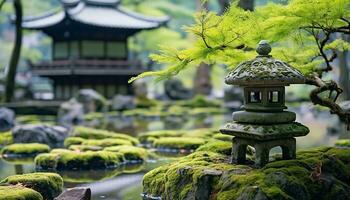 ai generado tranquilo escena de antiguo pagoda en japonés jardín, generado por ai foto