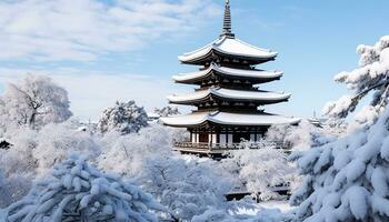 AI generated Winter landscape, ancient pagoda, tranquil beauty in nature, generated by AI photo