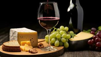 AI generated Gourmet wine and cheese on rustic wooden table, generated by AI photo