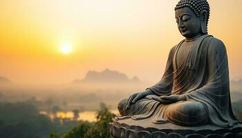 AI generated Meditating monk in tranquil sunset, izing spirituality, generated by AI photo