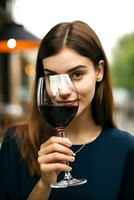 ai generado joven mujer disfrutando vino, sonriente con elegancia, generado por ai foto