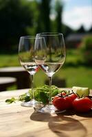 AI generated Freshness of summer, wineglass on wooden table, generated by AI photo