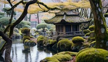 AI generated Tranquil scene of ancient pagoda in Japanese forest, generated by AI photo