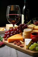 AI generated Gourmet wine and cheese on wooden table, generated by AI photo