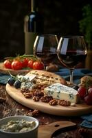 AI generated Gourmet meal on wooden table, wine and bread, generated by AI photo