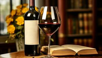 AI generated Wine bottle on wooden table, reading literature, generated by AI photo