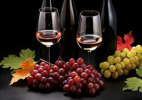 AI generated Autumn vineyard, grape leaf, wineglass, red wine generated by AI photo