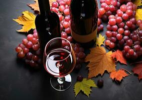 AI generated Autumn leaves, wine bottle, grape bunch, wood table generated by AI photo