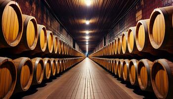 AI generated Stacked barrels in a dimly lit wine cellar generated by AI photo