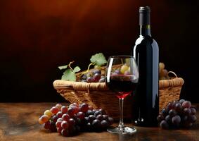 ai generado uva vino, Fruta madera, botella mesa, Bebiendo vaso generado por ai foto