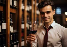 ai generado sonriente empresario participación Copa de vino, disfrutando rojo vino generado por ai foto