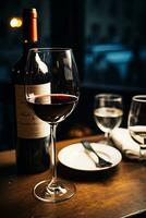 ai generado lujo Copa de vino en mesa, torrencial rojo vino generado por ai foto