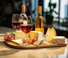 AI generated Gourmet wine and cheese on wooden table generated by AI photo