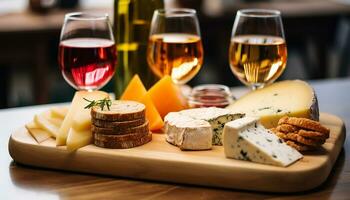 AI generated Gourmet appetizer  wine, cheese, bread, and fruit generated by AI photo