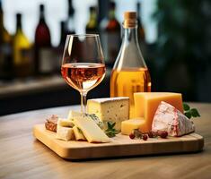 AI generated Gourmet meal, wine bottle, cheese slice, rustic table generated by AI photo