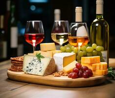 AI generated Gourmet wine and cheese on rustic wooden table generated by AI photo