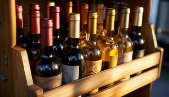 AI generated Wine bottles in a row on wooden shelf generated by AI photo