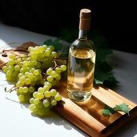 AI generated Fresh grape leaves adorn the winery wooden table generated by AI photo