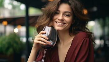 AI generated Smiling young woman enjoying wine at outdoor bar generated by AI photo