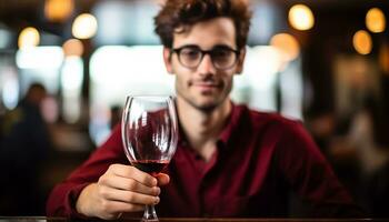 AI generated Smiling men enjoying wine at a bar generated by AI photo