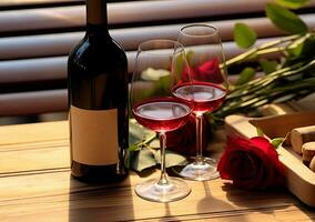 AI generated Romantic wine bottle on wooden table, elegant celebration generated by AI photo