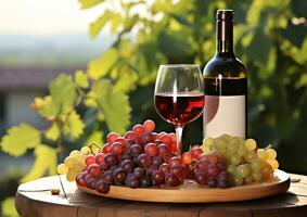 AI generated Fresh grape wine outdoors, nature wood material table generated by AI photo