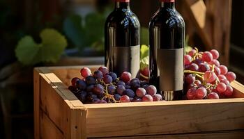 AI generated Fresh grape bunches on wooden table in winery generated by AI photo
