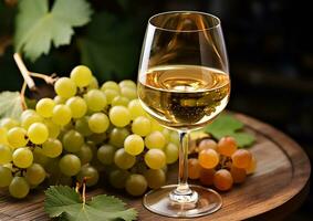 AI generated Fresh grapes on wooden table, nature wine generated by AI photo