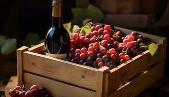 ai generado Fresco orgánico uvas en un de madera vino botella generado por ai foto