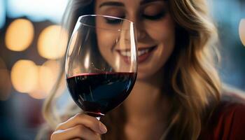 ai generado joven mujer disfrutando un vaso de rojo vino generado por ai foto