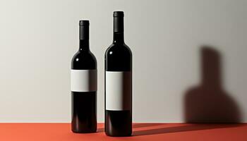 AI generated Red wine bottle standing on table, close up generated by AI photo