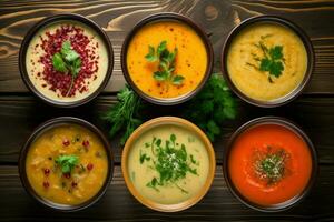 AI generated Bowls of different soups on wooden backgrounds, Assortment of colored vegetable cream soups, Dietary food, soup with cream and parsley, Ai generated photo