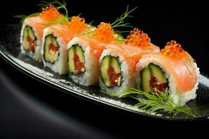ai generado Sushi rodar con salmón caviar y pepino, artístico recreación de Sushi rollos con salmón y blanco arroz con un puntual luz, ai generado foto