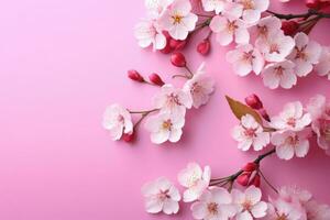 AI generated Cherry blossom flowers on pink background Banner with flowers on light pink background. Greeting card template for Weddings, mothers or Women's day. Ai generated photo
