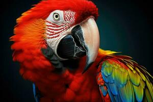 ai generado cerca arriba foto de guacamayo loro, vistoso retrato de Amazonas guacamayo loro en contra selva. lado ver de salvaje loro cabeza . fauna silvestre y selva exótico tropical aves ai generado