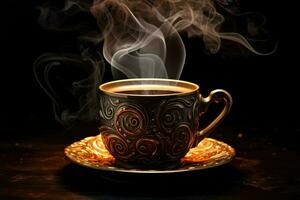 AI generated Black coffee in a luxurious cup with smoke and coffee beans on wooden table, AI generated photo