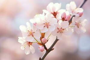 AI generated Cherry blossom flowers on bokeh background Banner with flowers on light pink background. Greeting card template for Weddings, mothers or Women's day. Ai generated photo