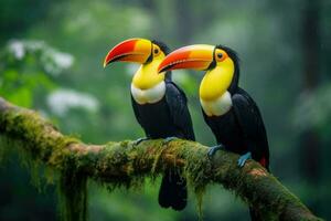 ai generado dos tucanes sentado en un rama en el selva, tucán tropical pájaro sentado en un árbol rama en natural fauna silvestre ambiente, ai generado foto