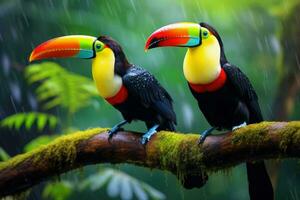 ai generado dos tucanes sentado en un rama en el selva, tucán tropical pájaro sentado en un árbol rama en natural fauna silvestre ambiente, ai generado foto