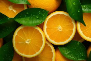 AI generated Image of juicy organic whole and halved oranges with leaves, Fresh orange and slice with leaves background, Close up AI generated photo