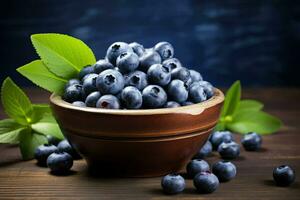 AI generated Fresh blueberries in a bowl on a wooden background, Blueberry banner. Bowl full of blueberries. Close-up food photography background Ai generated photo