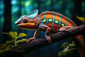 AI generated Colorful chameleon on a branch in the forest, Close up of bright chameleon on the branch on dark background, Ai generated photo